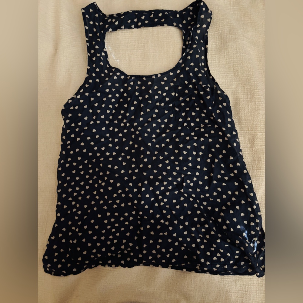 Blue Silk Navy Tank Top with Heart Pattern Women’s XS Silk Lightweight